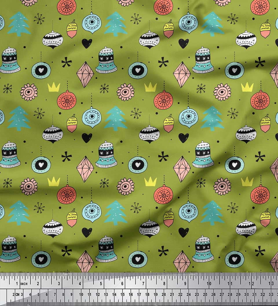 Soimoi Green Rayon Fabric Tree & Ornament Christmas Print Fabric by the Yard 42 Inch Wide
