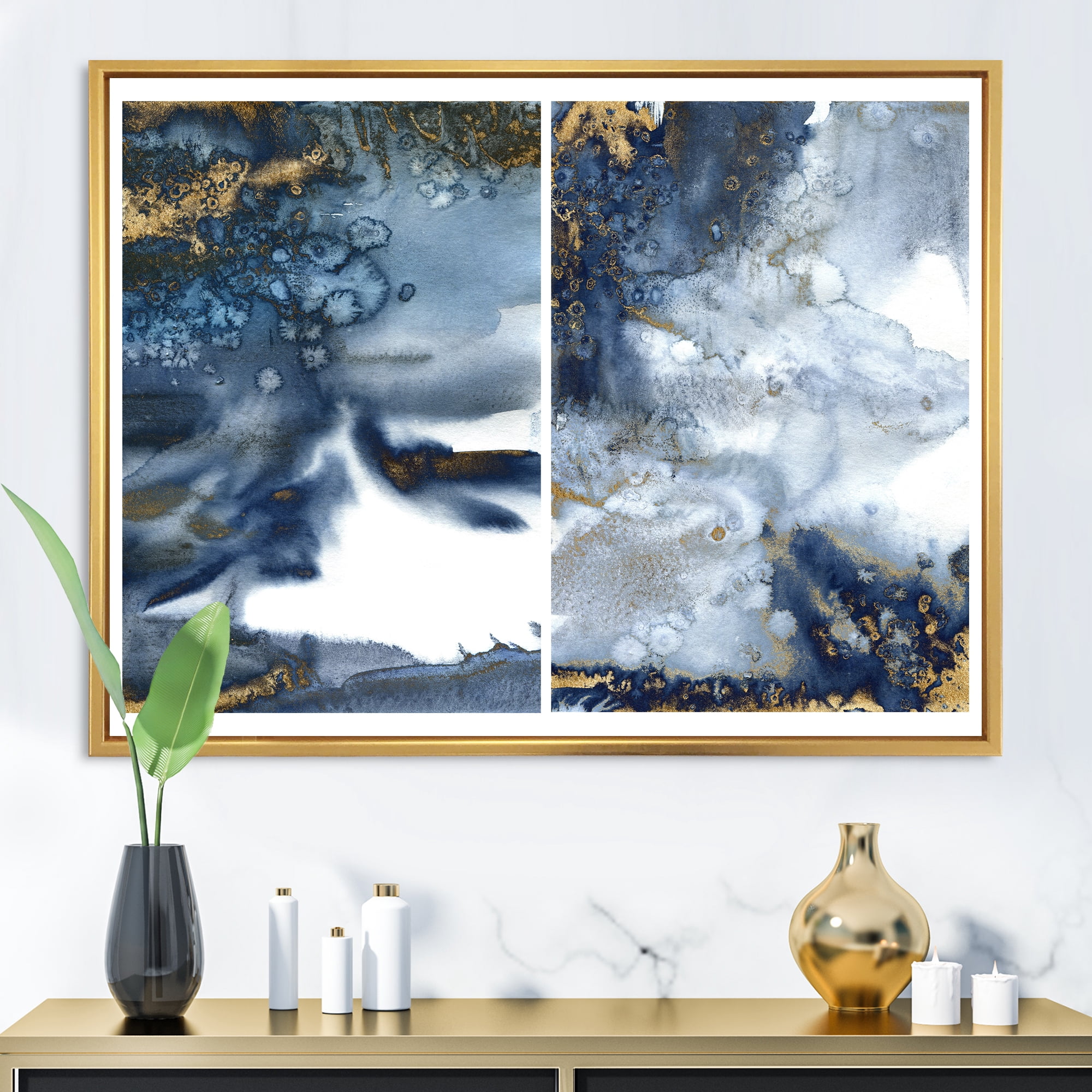 Designart 'Gold and Dark Blue Abstract Waves IV' Modern Framed Canvas Wall Art Print