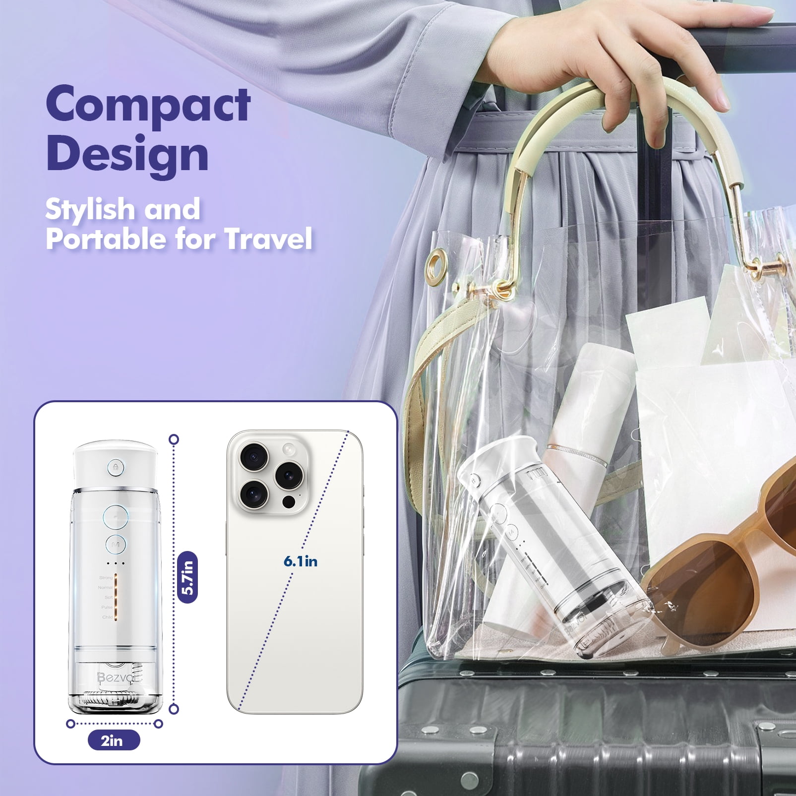 Bezvoi Water Flosser Cordless Travel, Mini Oral Irrigator with Telescopic Water Tank, 5 Modes, 6 Jet Tips, IPX7 Waterproof Electric Portable Water Teeth Cleaner Picks for Braces Bridges Care