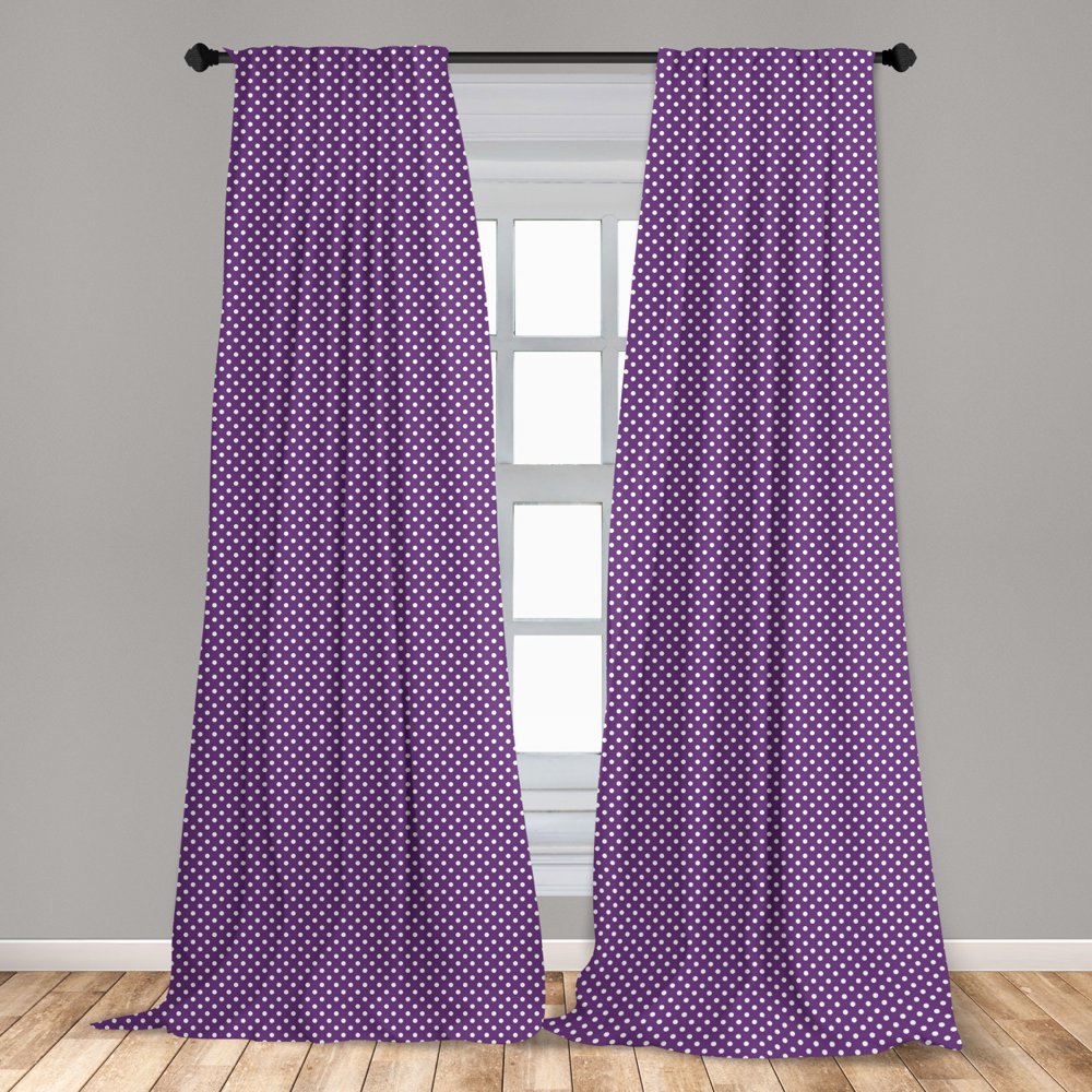 Eggplant Curtains 2 Panels Set, Polish White Orderly Polka Dots and Purple Background with