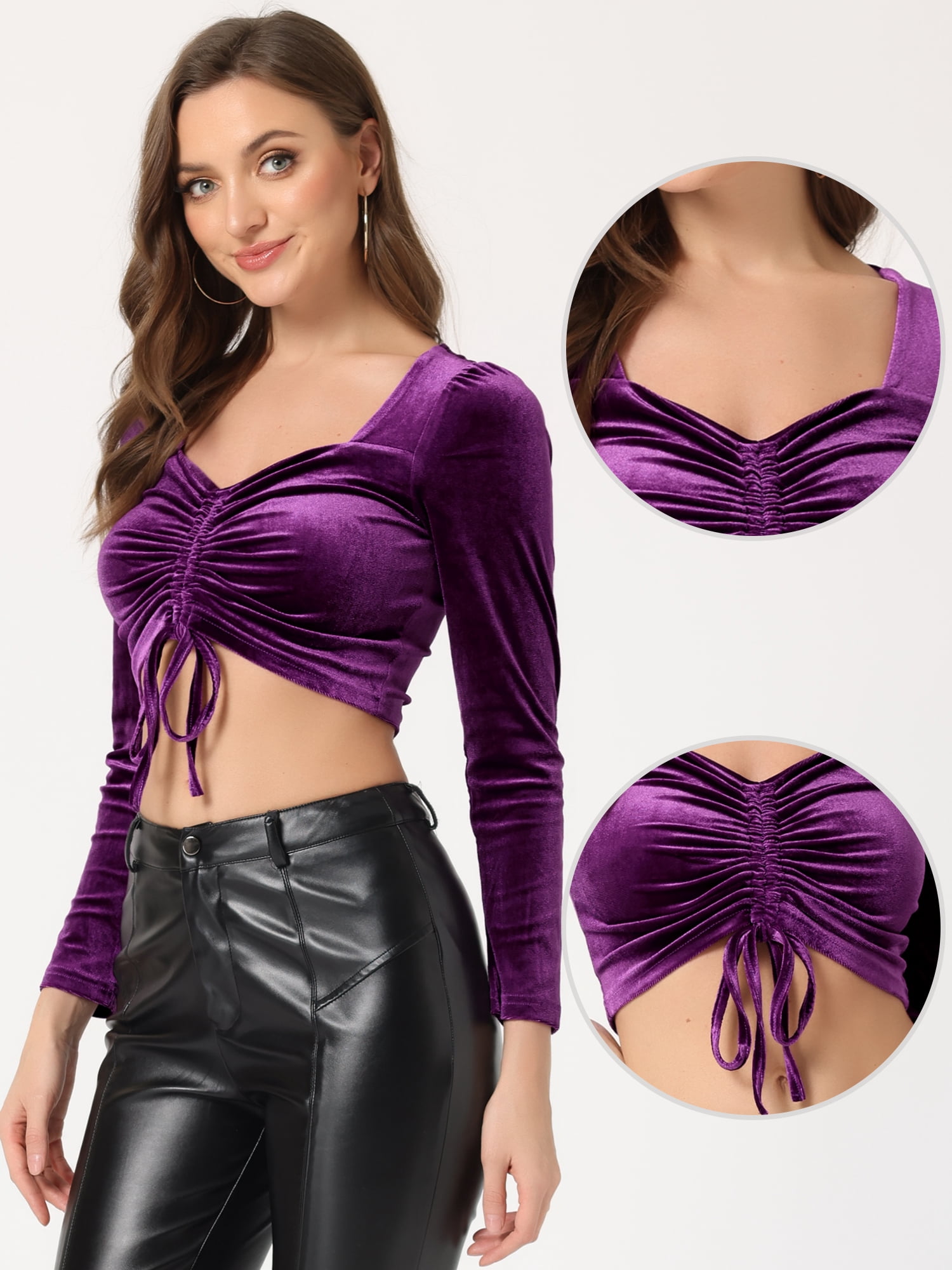 DARING DIVA Women's Velvet Square Neck Drawstring Puff Crop Top S Purple