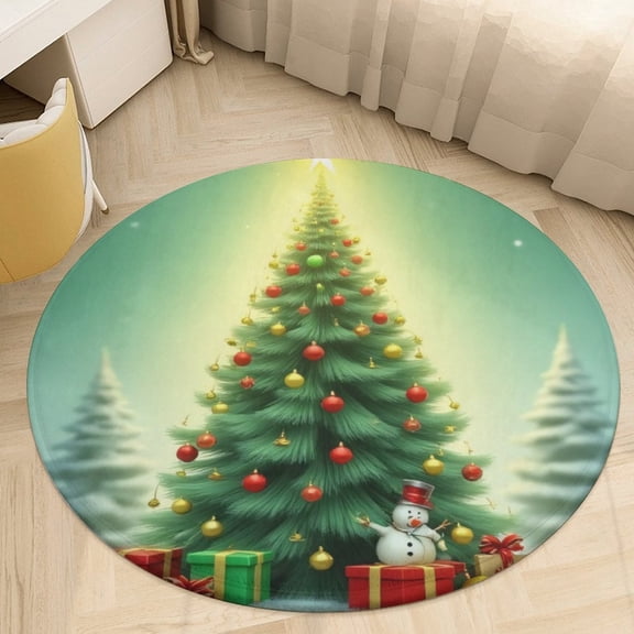 Christmas Tree with Gifts And Snowman Round Area Rugs for Bedroom Living Room, 3FT Soft Indoor Circle Carpets, Carpet Home Decor Floor Mat