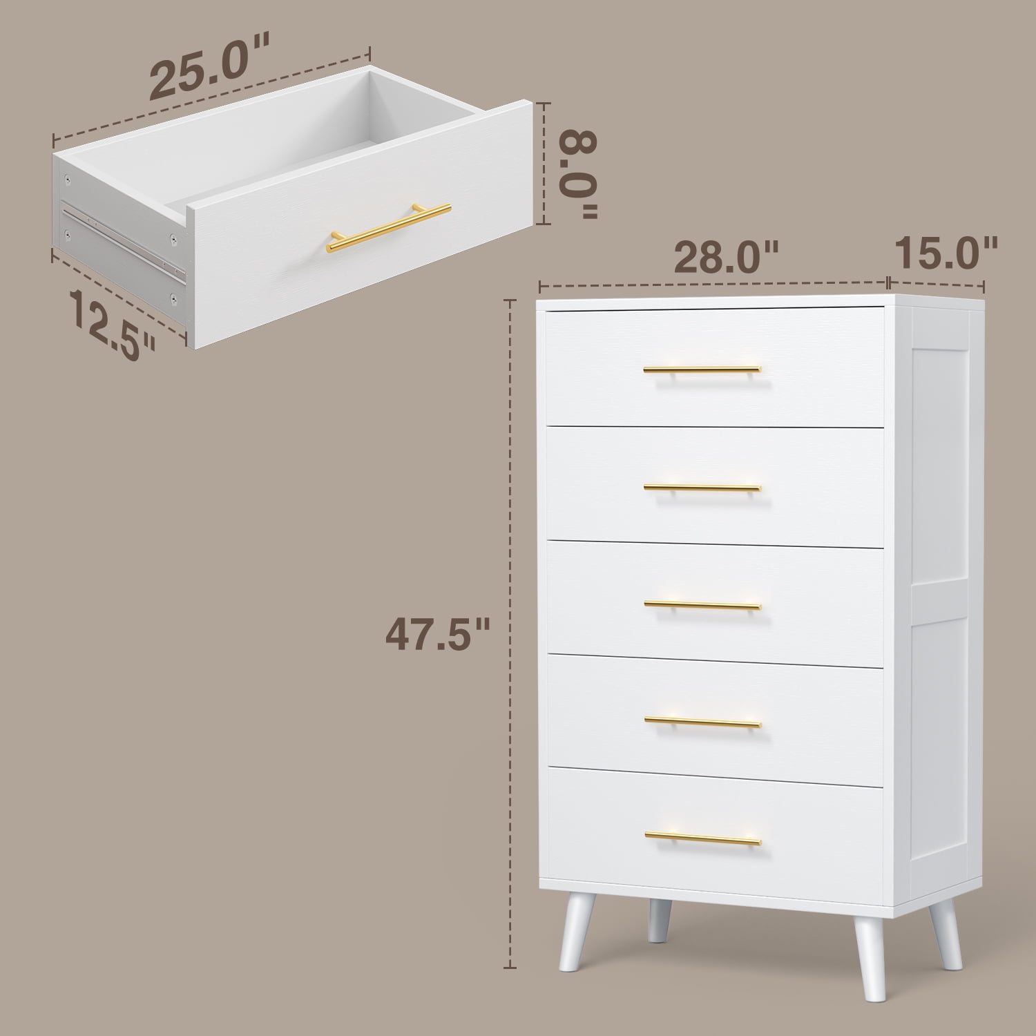 Bedroom Furniture Set - Includes Queen Bed Frame, Nightstands Set of 2, 5-Drawer Dresser & Double Wide 6-Drawer Dresser - Modern Storage Solution for Stylish Home Decor, Beige/White