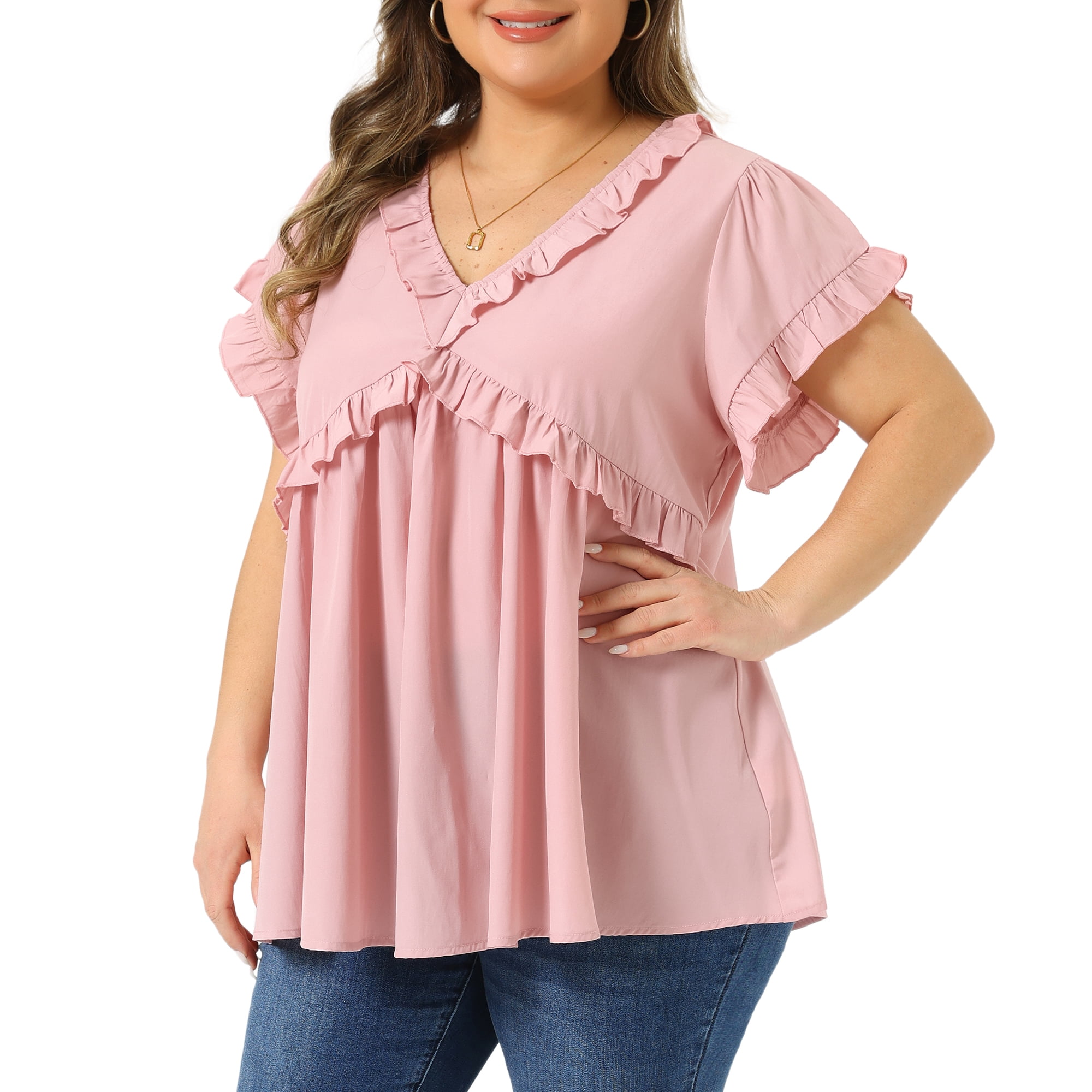 DARING DIVA Women's Plus Cute V Neck Ruffle Trim Babydoll Blouse 1X Pink
