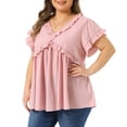 thumbnail image 2 of DARING DIVA Women's Plus Cute V Neck Ruffle Trim Babydoll Blouse 1X Pink, 2 of 6