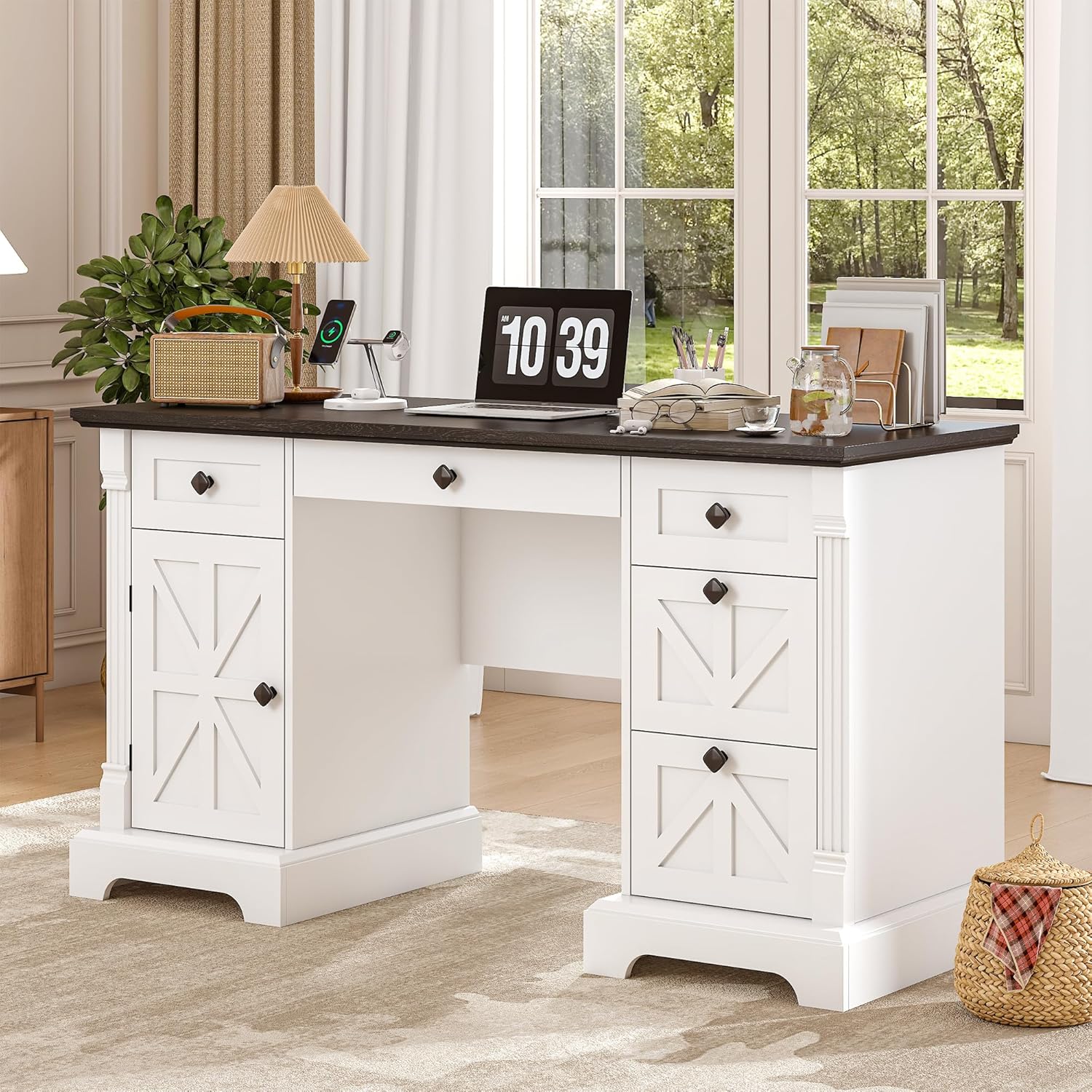 Timagebreze Office Desk with Charging Station & File Cabinet,55" Farmhouse Computer Desk with 5 Drawers and Hidden Storage,55.1"*30.3"*20.8"