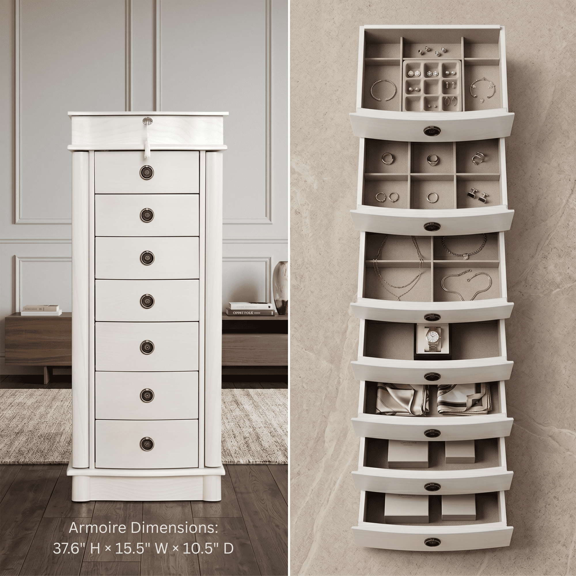 Hives and Honey Nora Traditional Jewelry Armoire with Locking Compartment and Ample Storage, White