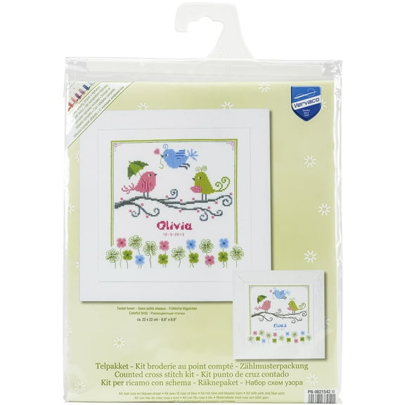 Colourful Birds Birth Record On Aida Counted Cross Stitch Ki-8.75"X8.75" 14 Count