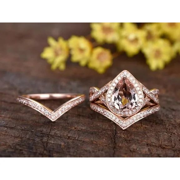 RKC Lab Created 4Ct Infinity Pear Morganite Engagement Ring Set 14K Rose Gold Plated