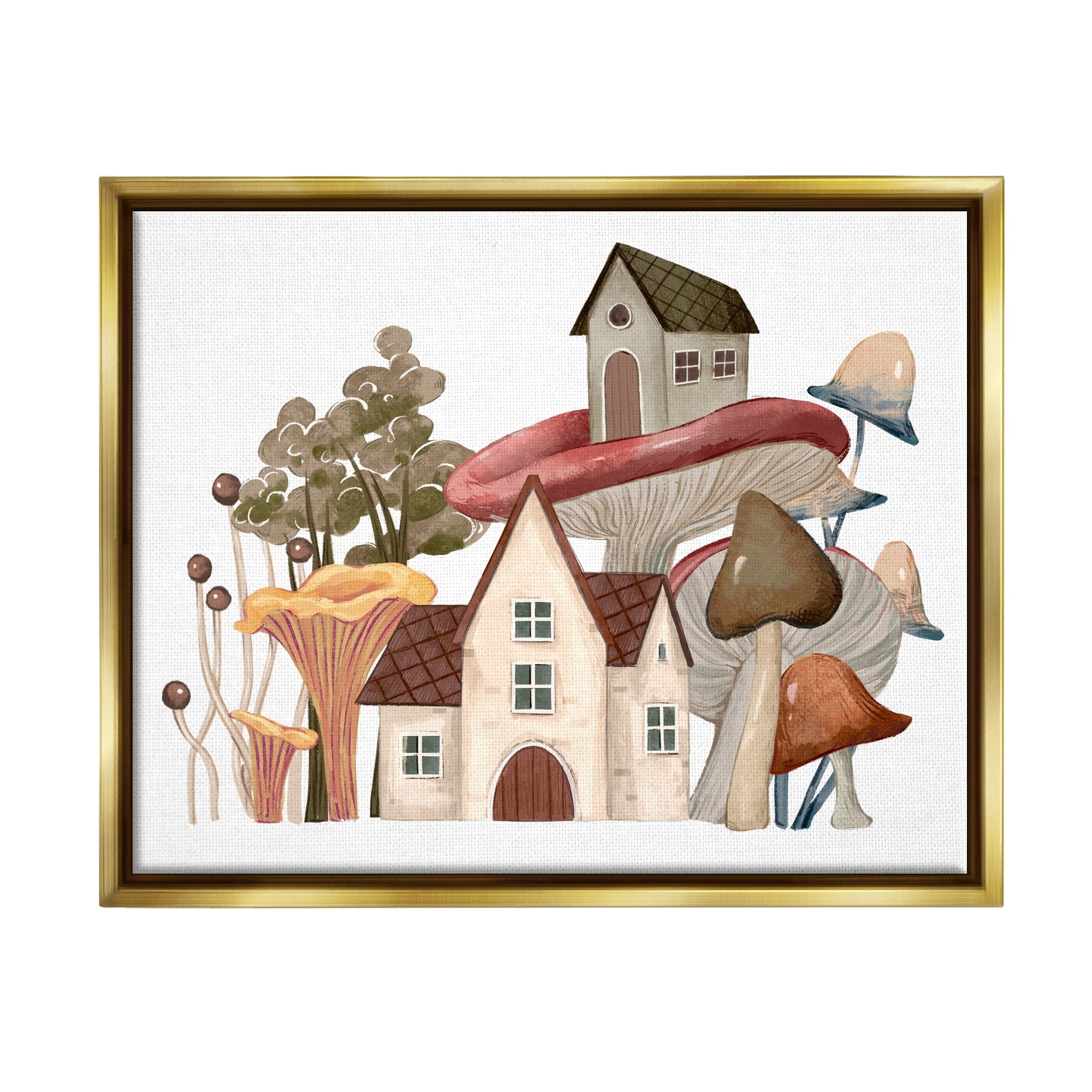Stupell Industries Cozy Cottages Whimsical Mushroom Town Botanical Forest Painting Metallic Gold Floating Framed Canvas Print Wall Art, Design by Ziwei Li
