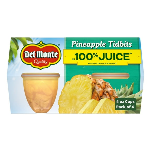 Del Monte Pineapple Tidbits in 100% Juice Fruit Cup Snacks 4 oz Cup (Pack of 4)