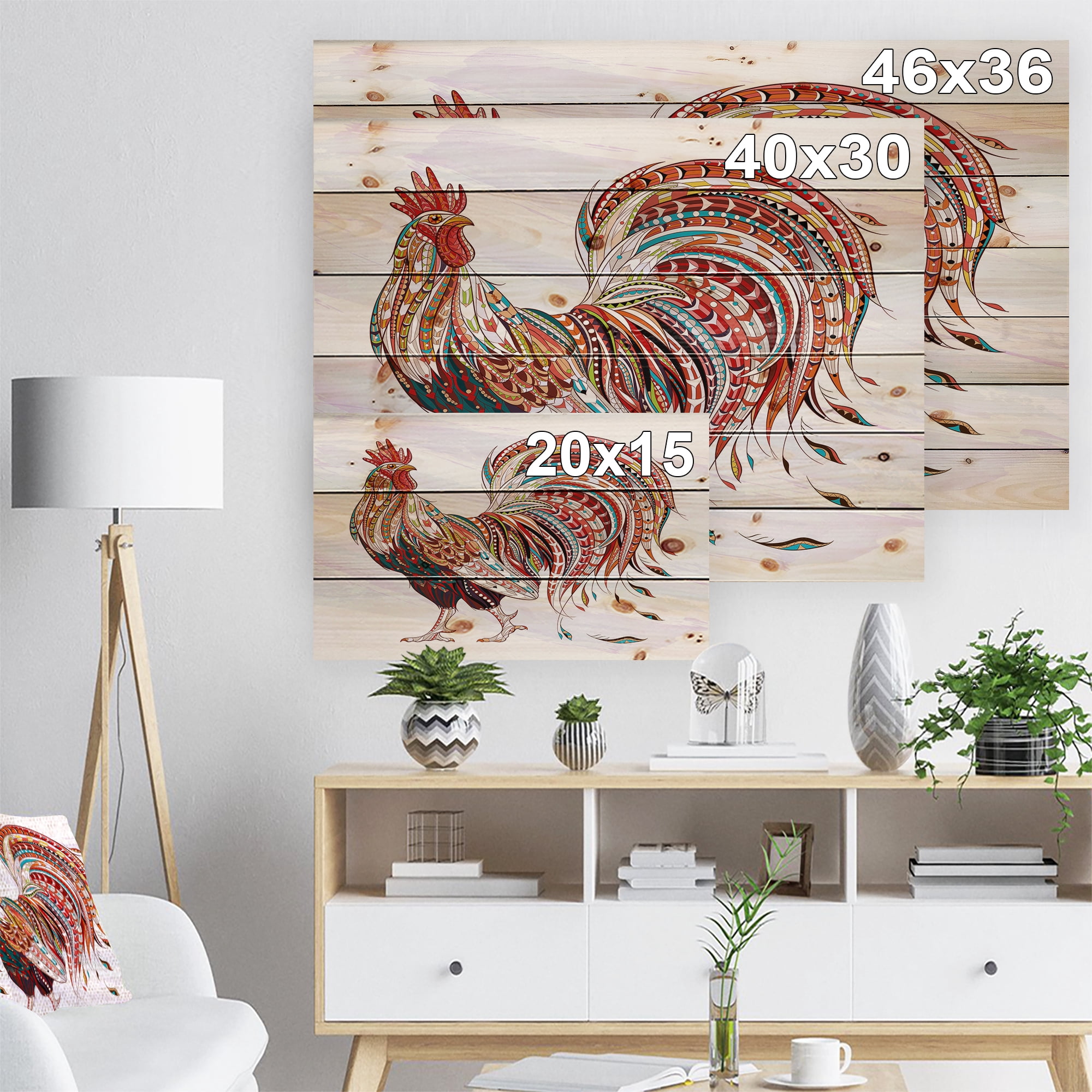 Designart 'Patterned rooster Symbol of chinese new year' Farmhouse Animals of Painting Print on Natural Pine Wood