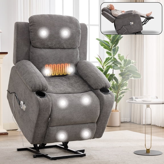 Leumius Power Lift Recliner Chair for Elderly,Heavy Duty Infinite Position Recliners Chair with 8-Point Vibration Massage and Lumbar Heating,Cup Holders,Gray