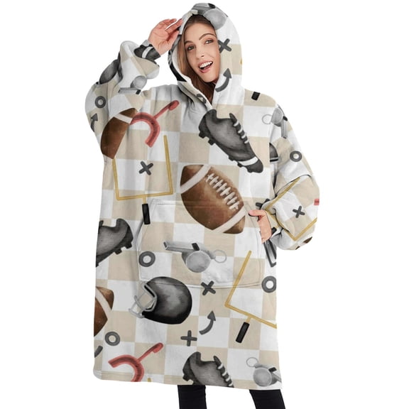 Oversized Wearable Blanket Hoodie,Football Equipment Checkered Pattern Sherpa Blanket Hoodie with Super Pockets,Super Warm Fuzzy Pullover for Women & Men