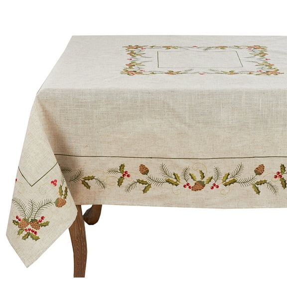 Holiday Embroidered Pinecone and Holly Poly-Linen Natural Tablecloth, 67"X104" Rectangular