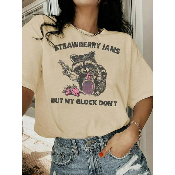 Women's Strawberry & Raccoon Print Round Neck Tee, Fashion Casual Drop Shoulder Short Sleeve T-shirt for Daily Wear, Ladies Summer Clothes, Valentine's Day Gift