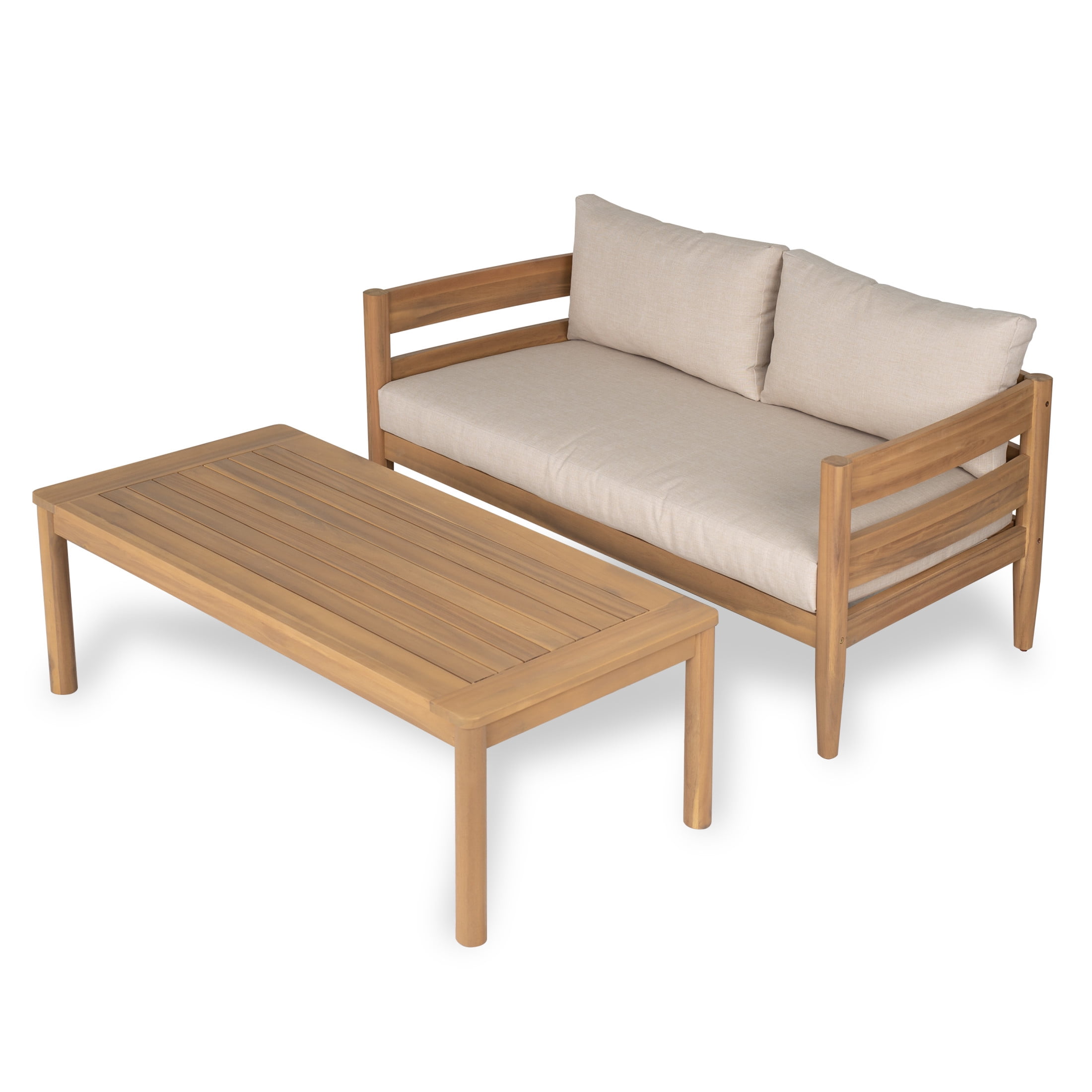 Christopher Knight Home Outdoor Loveseat with Coffee Table, Curved Backrest and Slatted Seat, Beige Cushions