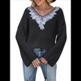 thumbnail image 1 of Suéter de Encaje con Apliques de Lentejuelas para Mujer, Otoño e Invierno, Cuello en V, Larga, Moderno y , Informal Negro XL, 1 of 8
