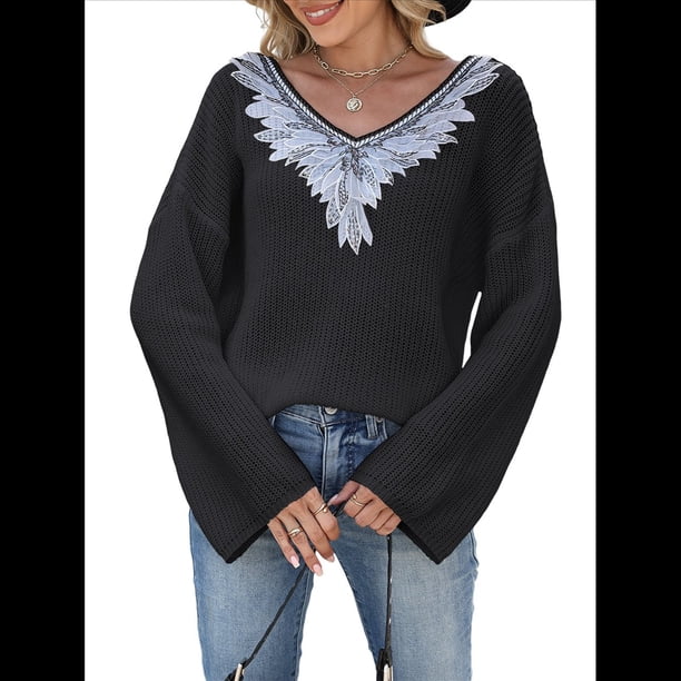 Suéter de Encaje con Apliques de Lentejuelas para Mujer, Otoño e Invierno, Cuello en V, Larga, Moderno y , Informal Negro M