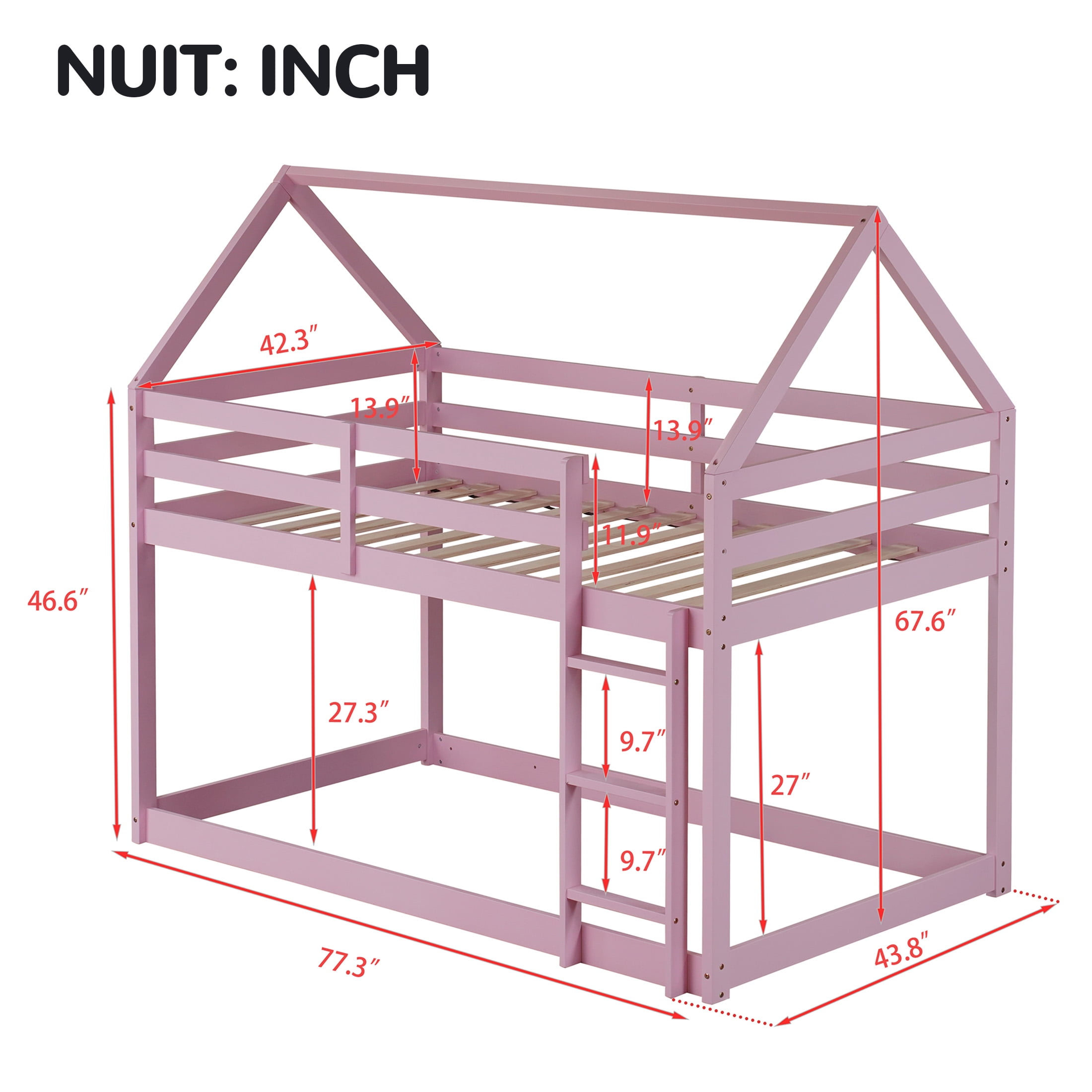 Aukfa Bunk Bed Twin Over Twin, Junior Wooden Floor House Bunk Bed Frame for Kids Boys Girls, Pink