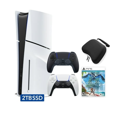 PlayStation 5 Slim Disc 2TB SSD Edition Horizon Forbidden West Bundle with Two Controllers White and Midnight Black DualSense and Mytrix Hard Shell Protective Controller Case - PS5 Gaming Console
