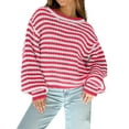 thumbnail image 3 of Women'S Vintage Striped Sweater Crew Neck Long Sleeve Cropped Color Block Casual Loose Knit Pullover Top Red S, 3 of 7