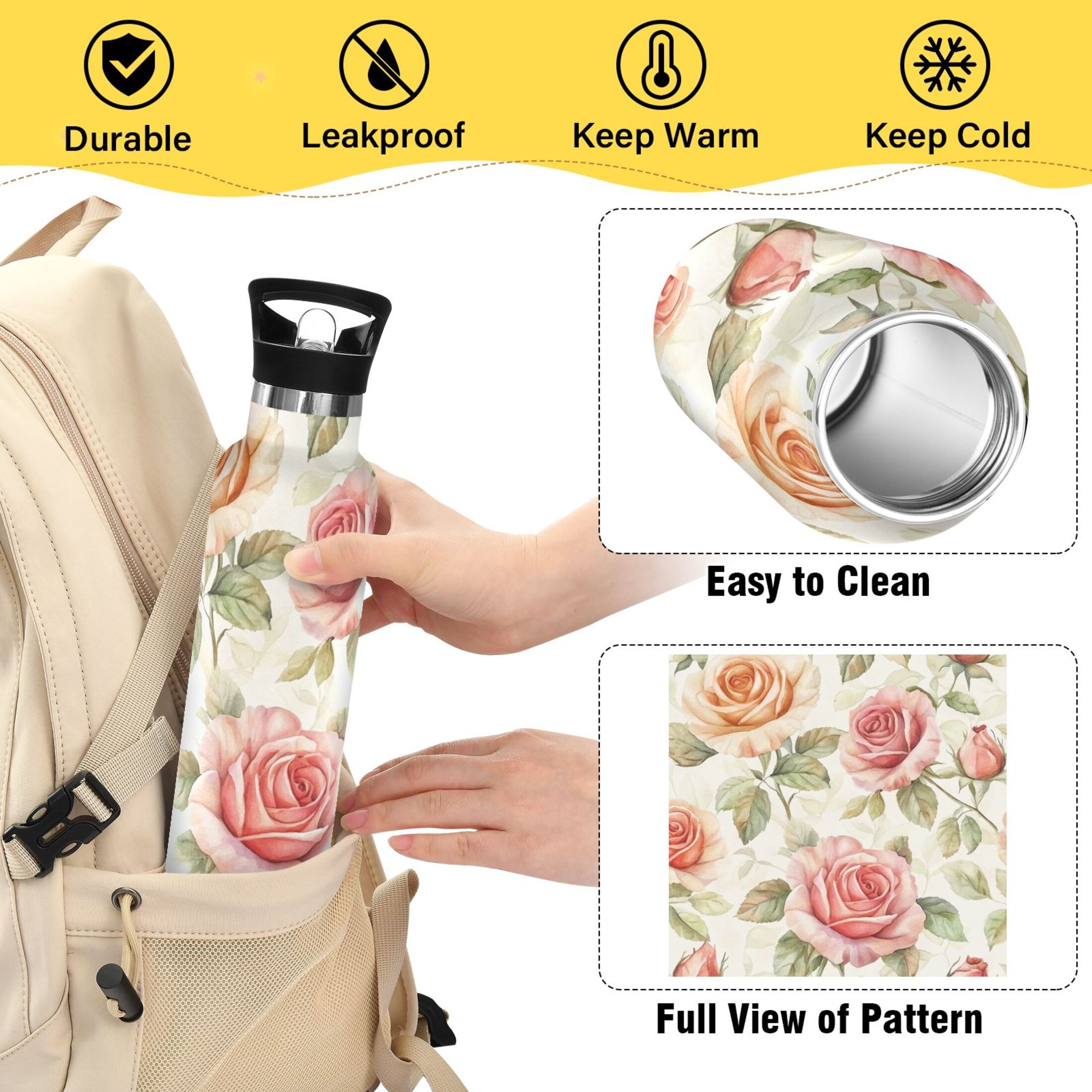 600ML Stainless Steel Insulated Cup Sports Water Bottle Portable Thermos Cup Water Glasses Insulated Tumblers Convenient and Durable Cartoon Coral Roses Seamless
