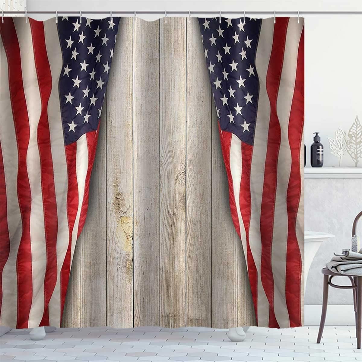 American Flag Shower Curtain, Patriotic Stars and Stripes Fourth of July Independence Day Country Wooden Board Rustic Farmhouse Bathroom Decor, Waterproof Fabric Shower Curtain, 72 X 72 Inch