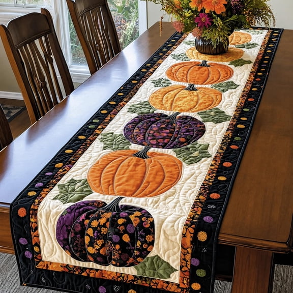 Autumn Spell Quilted Table Runner, Halloween Pumpkin Tablecloth Fall Decor, Holiday Kitchen Dining Decorations for Home Party
