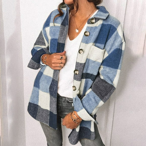 zanvin Fall Jacket For Her Clearance,Christmas Gifts,Women Casual Full Sleeve Plaid Print Turndown Collar Outwear Jackets,Blue,XXXL