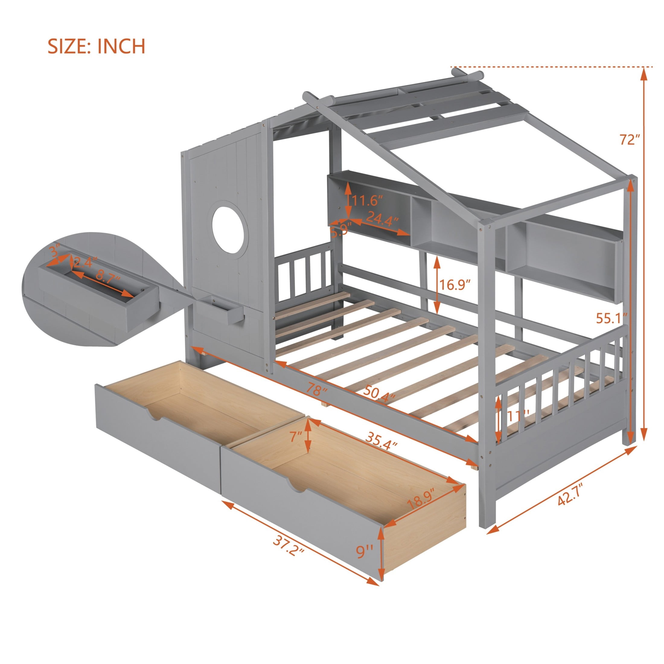 Noble House Wooden Twin Size House Bed with 2 Drawers,Kids Bed with Storage Shelf, Gray