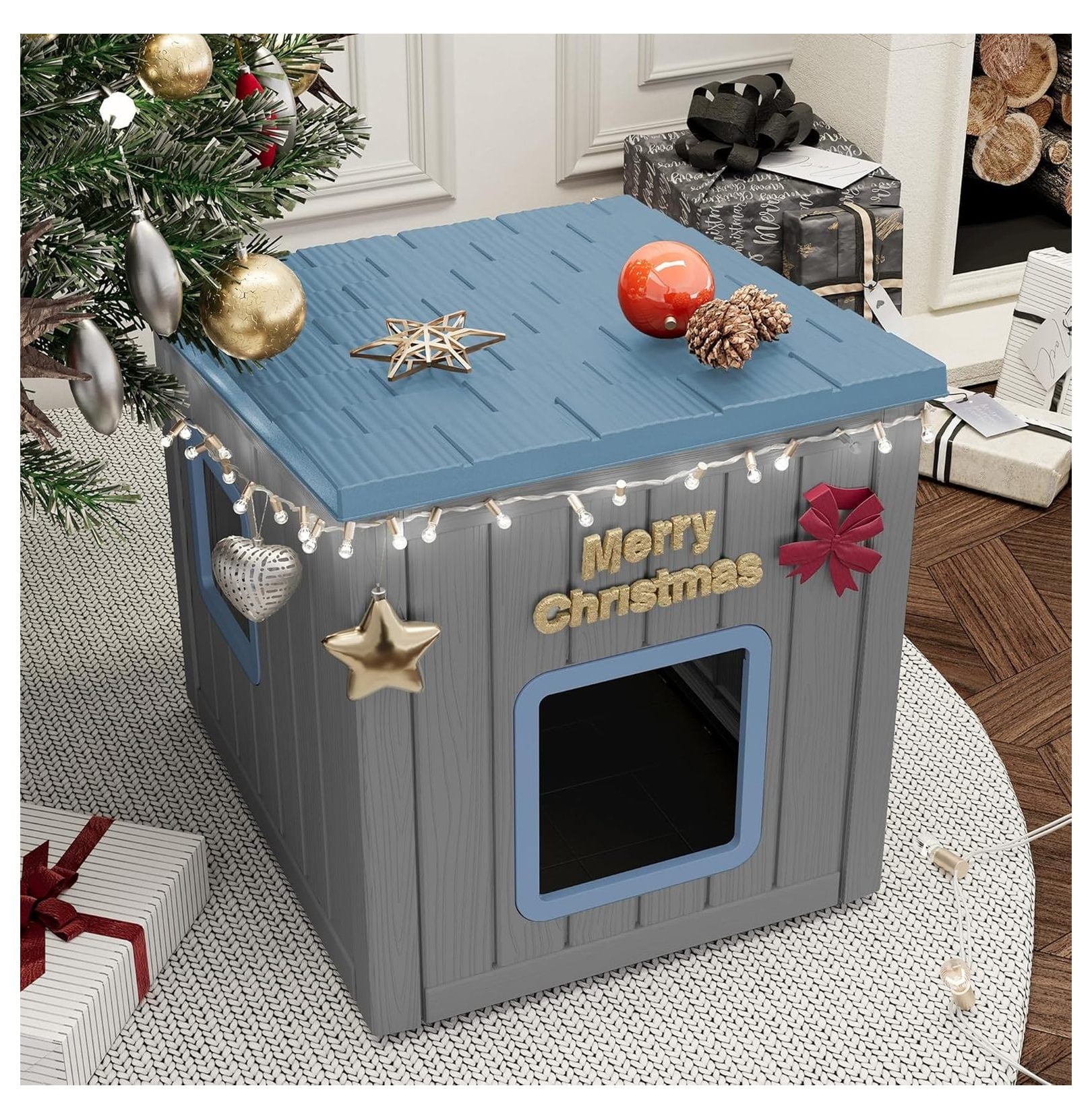 Outdoor Cat House – Weatherproof PP Shelter, UV Resistant, Sloped Roof Cat Condo for Garden & Patio (Blue, Large)