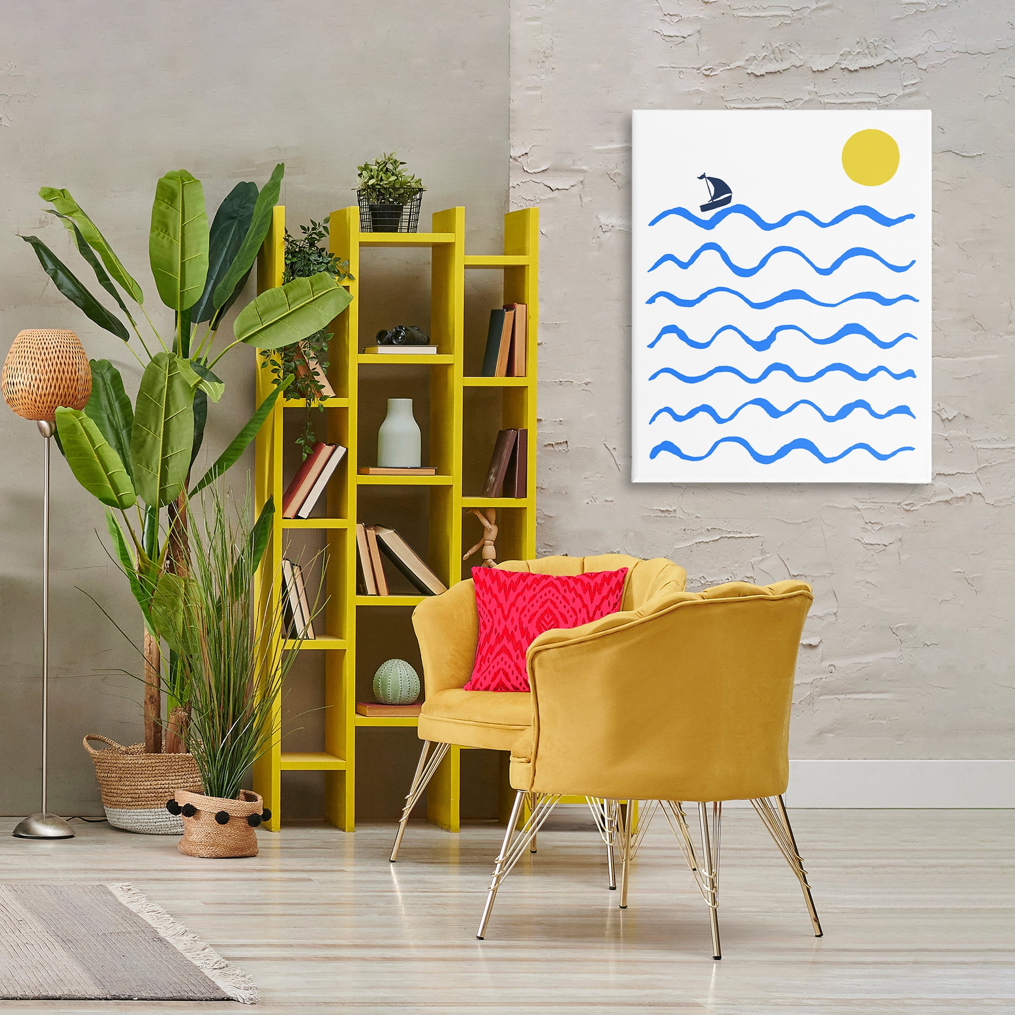 Stupell Industries Blue Waves & Sailboat Doodle Nautical & Beach Painting Wrapped Canvas Art Print Wall Art, 30 x 40