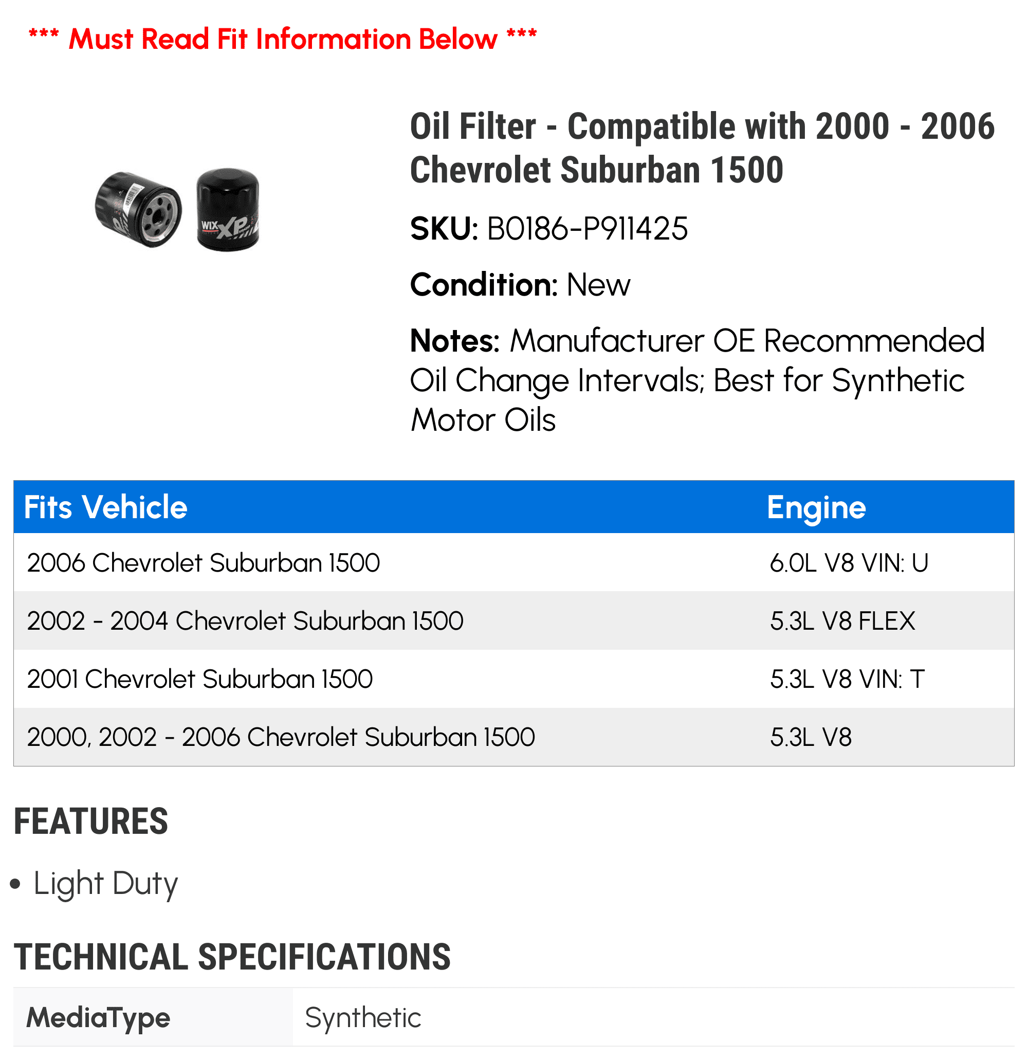 Oil Filter - Compatible with 2000 - 2006 Chevy Suburban 1500 2001 2002 2003 2004 2005