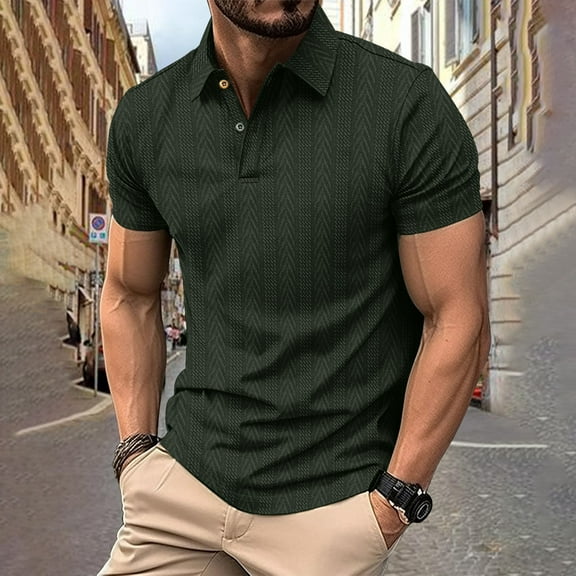 COSFO Collared Men Polo Shirts Casual Short Sleeve Tops Jacquard Pullover Loose Mens Classic T-Shirt