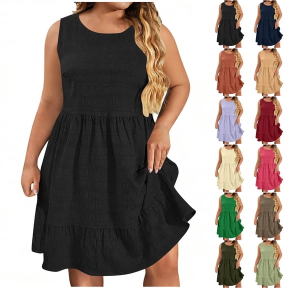 SROBPTY Plus Size Summer Dresses for Women Solid Crew Neck Sleeveless Basic