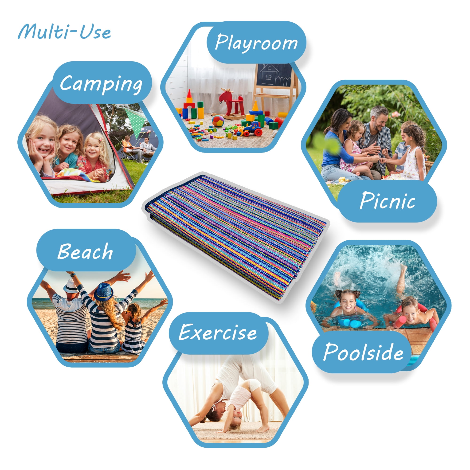 Luna Contemporary Stripe Multicolor Polypropylene Reversible Plastic Straw Outdoor Area Rug, 7'11'' x 10'3'' Rectangle