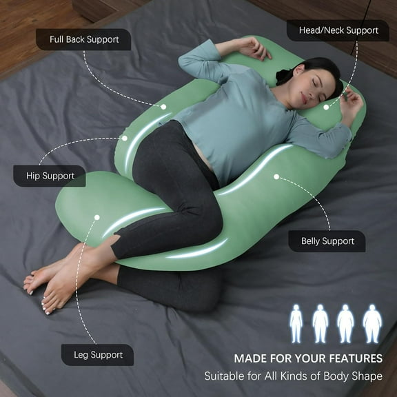 Pregnancy Pillows for Sleeping - U Shaped Full Body Maternity Pillow with Removable Cover - Support for Back, Legs, Belly, HIPS - 65 Inch - Green - Cooling Cover