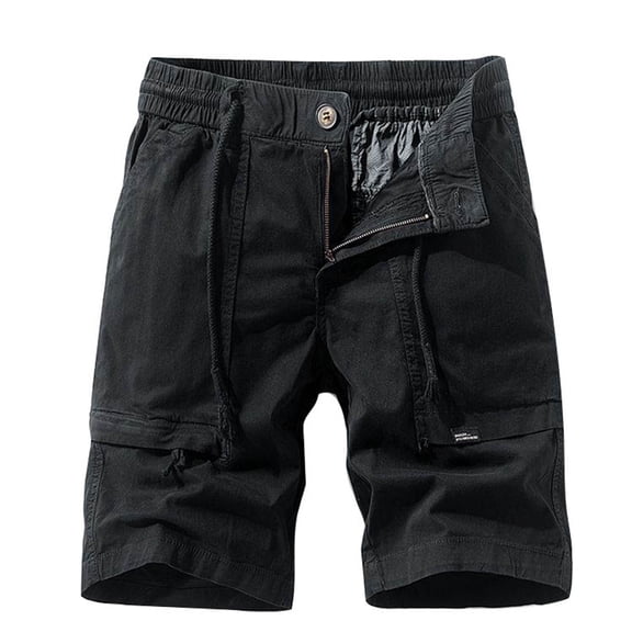 Mens Shorts Solid Color Straight Buttons Zipper Elastic Cargo Pants Multi Pockets Casual Half Trunks Beach Shorts,Black 36