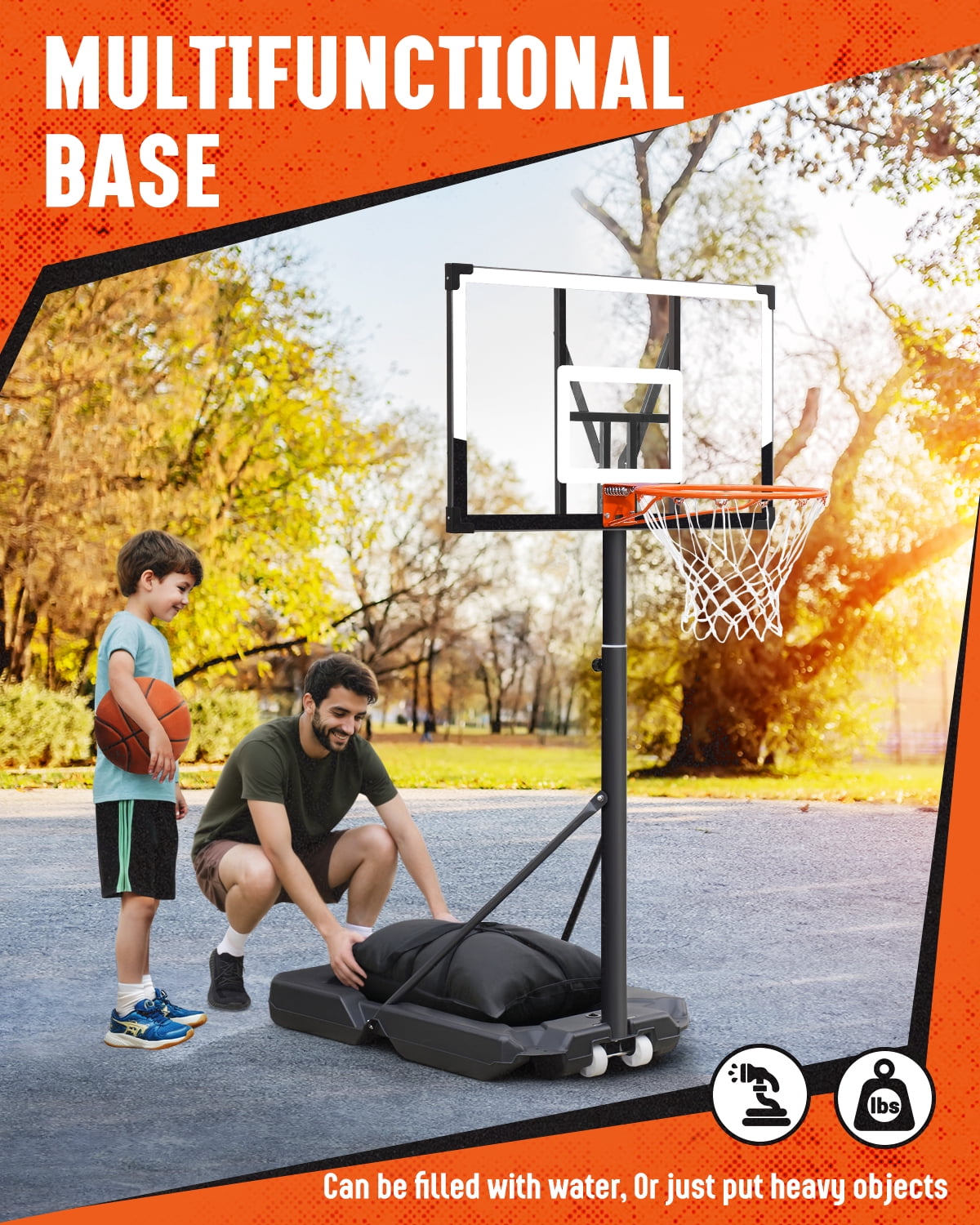 SERAY Basketball Hoop with 44 inch Backboard and 2 Wheels, Basketball Hoop Outdoor 3.8-10 feet Adjustable Height for Kids/Adults Outdoor/Indoor Sports