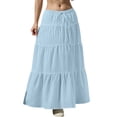 thumbnail image 2 of Women’s Long Maxi Skirt High Waist Loose Fit Elastic Waistband Lightweight Flowy Tiered Skirt Casual Solid Style Sky Blue S, 2 of 7