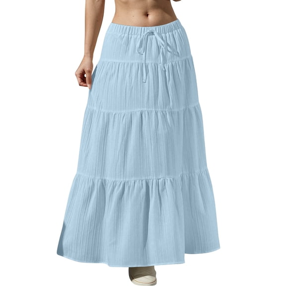 Women's Flowy Flared Ruffle Hem A Line Maxi Skirts Elastic Waist Elegant Tiered Layer Boho Long Skirts Sky Blue S