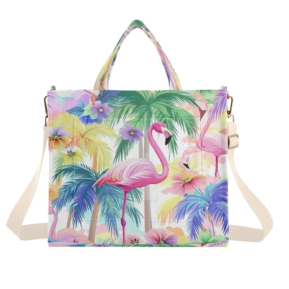 Corduroy Tote Bag for Women Shoulder Handbags Fashion Ladies Purses Satchel Messenger Bags Flamingos and Palm Trees S