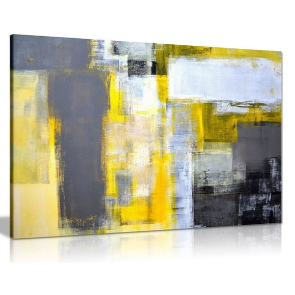 Art de Bureau Gris et Jaune Peinture Abstraite sur Toile Art Mural Impression (18x12 Po)