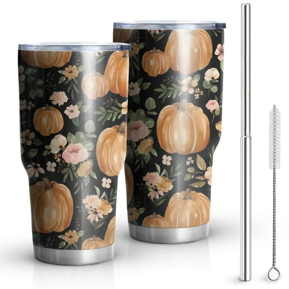 30oz Fall Pumpkins and Flowers Pattern Tumblers Stainless Steel Tumbler with Lid and Straw,Vacuum Insulated Double Wall Travel Tumbler Cups Mug with Cleaning Brush for Coffee,Tea
