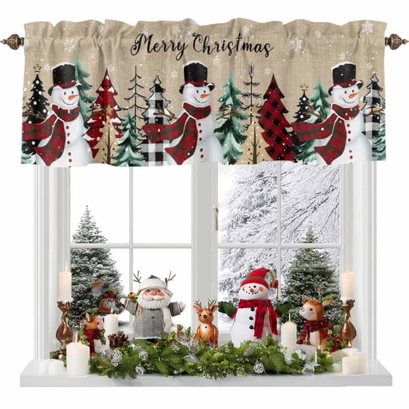 Winter Snowman Christmas Tree Valances for Windows,Kitchen Valance Rod Pocket Short Curtain,White Snowflake Retro Linen Valance Curtain Window Valances for Bedroom 54x18in