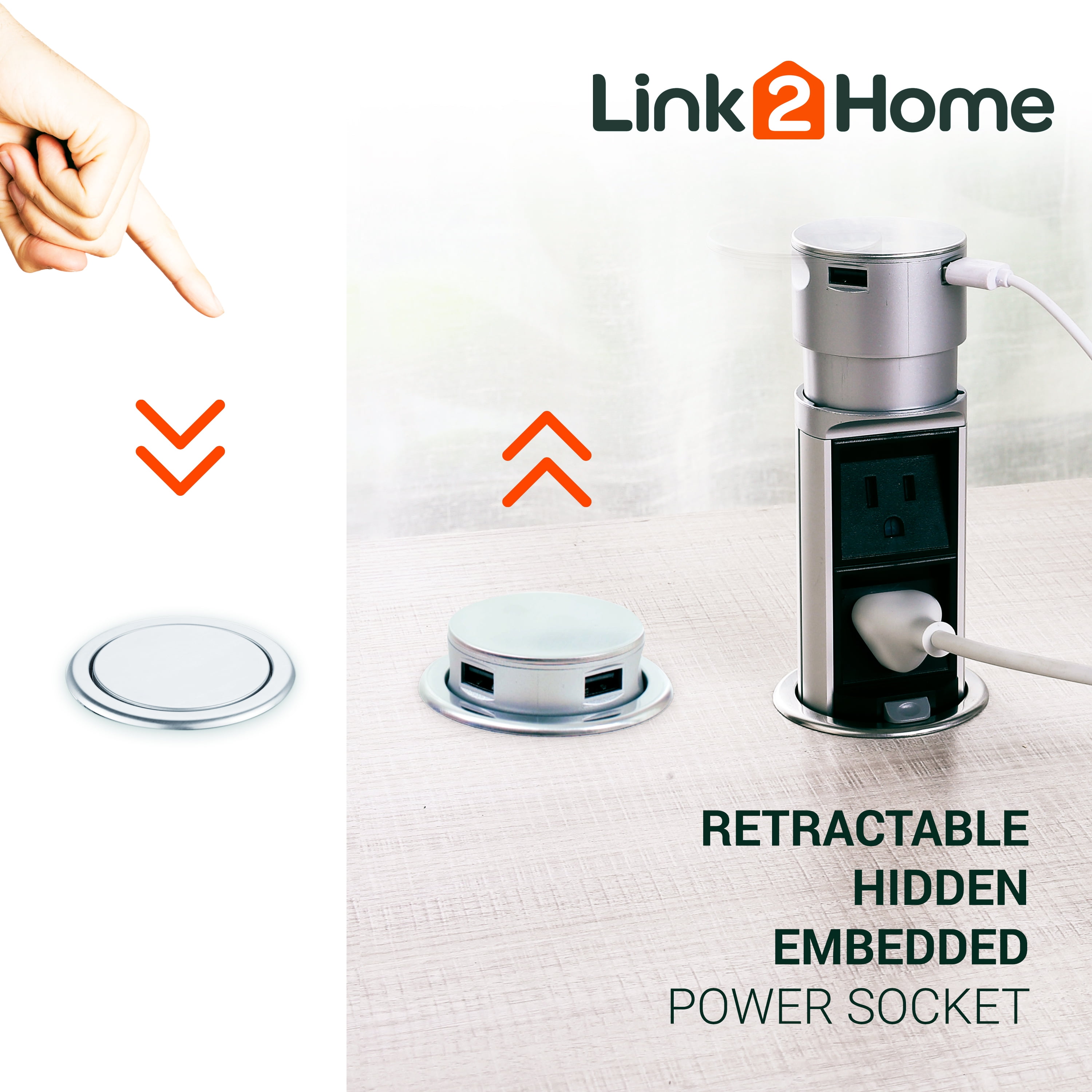 Link2Home Space Saver Pop Up Outlet, 2 Power Outlets, 2 USB Ports 2.4 Amp, Overload Protection, Splash Resistant