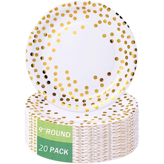 Lulena White and Gold Paper Plates Disposable Dessert Tableware for Birthday/Party/Wedding 20pcs(9 Inch)