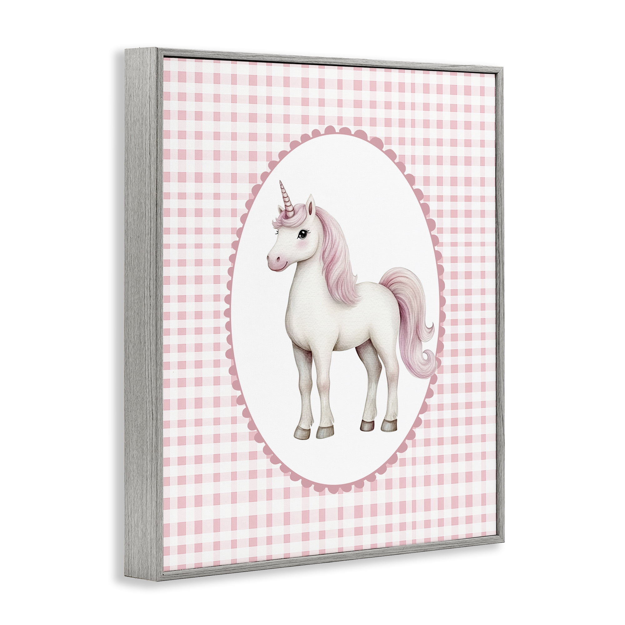 Stupell Industries Pink Gingham Unicorn Gray Framed Giclee Art, design by Christine Simpson Art
