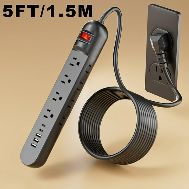 LEEYNEER 13-in-1 Red Switch Power Strip with 8 AC Outlets 3 USB Ports 2 Type-C Ports Overload Protection Side Plug Design One-Key Mains Switch Wall-Mountable Flat Thin Plug Suitab